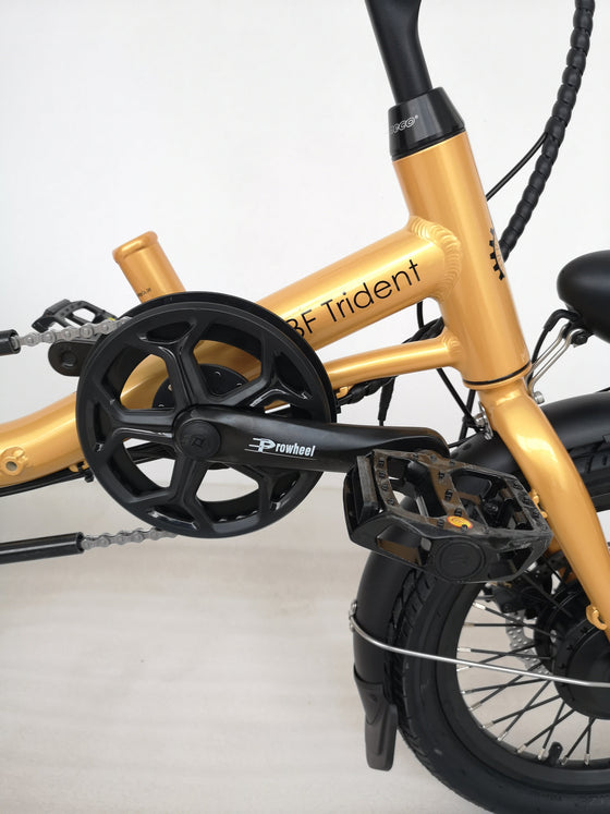 Closed up of pedal on gold coloured Trident semi-recumbent electric tricycle