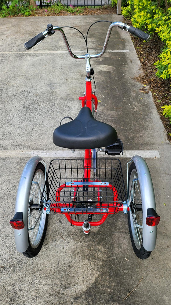 Back view of red Muskateer 16" standard mechanical tricycle