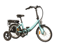  Aqua coloured Folding Electric Bike with adult stabilisers