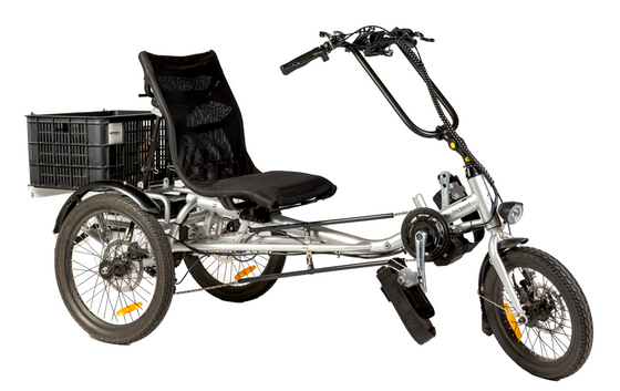 Front view of silver coloured Trident semi-recumbent electric tricycle