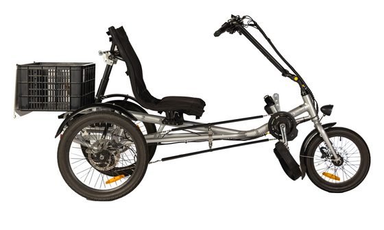 Side profile of silver Trident semi-recumbent electric tricycle