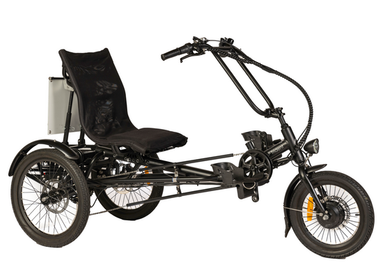 Black coloured Trident semi-recumbent electric tricycle