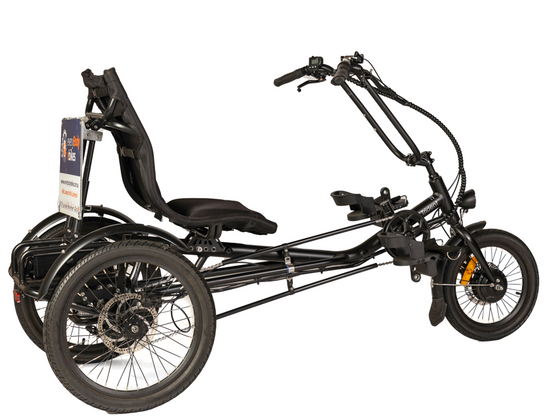 Back view of black coloured Trident semi-recumbent electric tricycle