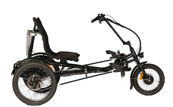 Side profile of black Trident semi-recumbent electric tricycle
