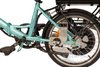 Wheel of aqua coloured Folding 20" Electric Bike