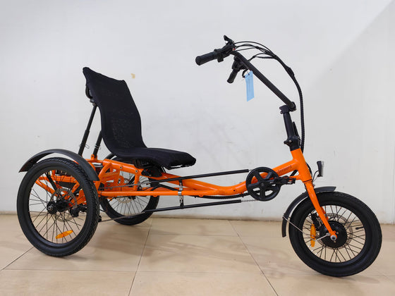 Side view of orange coloured Trident semi-recumbent electric tricycle