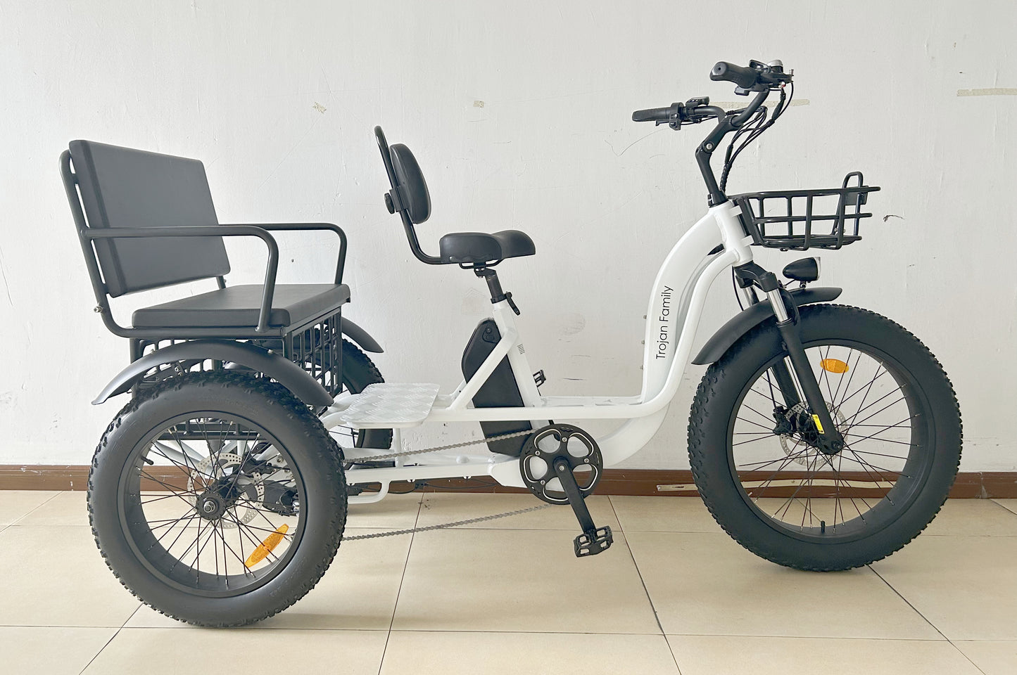 White Trojan Family Electric Tricycle, with a side view of passenger seating to hold kids & cargo