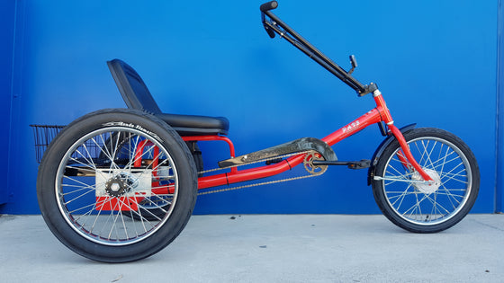 Side shot of red Worksman PLR Low Rider Electric Tricycle