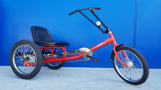 Angled shot of red Worksman PLR Low Rider Electric Tricycle