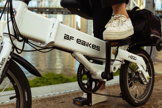 Close up of white BF i-Ezi Folding Electric Bike