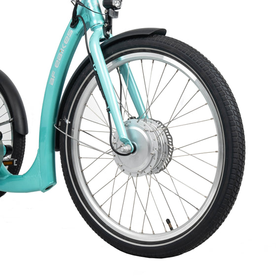 Close up of front wheel on Blue Titanium BF i-Tri 24-inch Electric Tricycle
