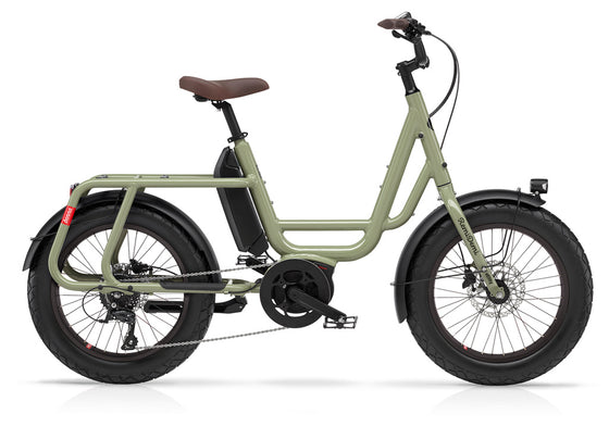 Olive green Benno RemiDemi electric short-tail cargo bike