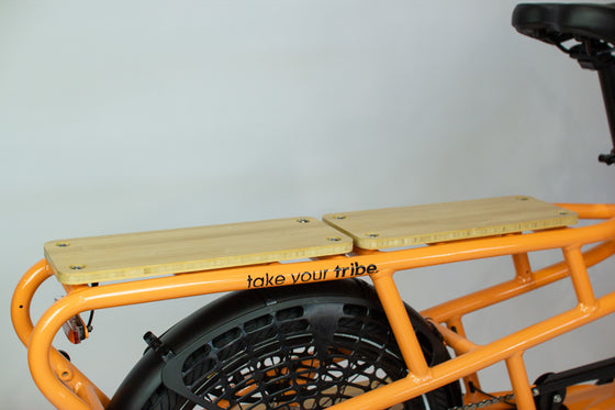 Rear of orange Tribe Bikes Evamos Longtail Cargo Bike