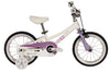 White with purple side view of BYK Kids E-250 14" Single Speed Bike