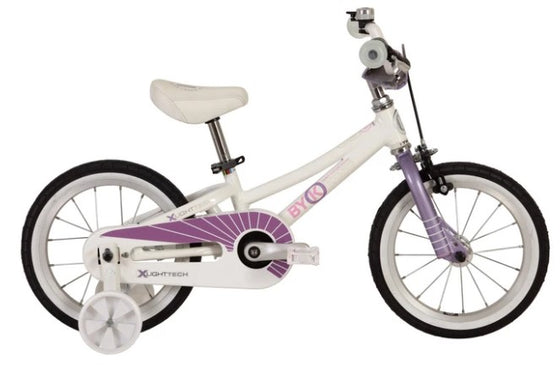 White with purple side view of BYK Kids E-250 14" Single Speed Bike