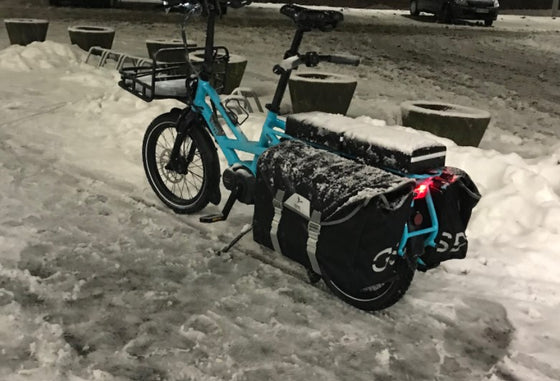blue Information on the Tern GSD S10 LX Electric Cargo ebike in the snow