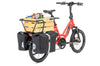 Red Information on the Tern GSD S10 LX Electric Cargo ebike with basket full of groceries on the back