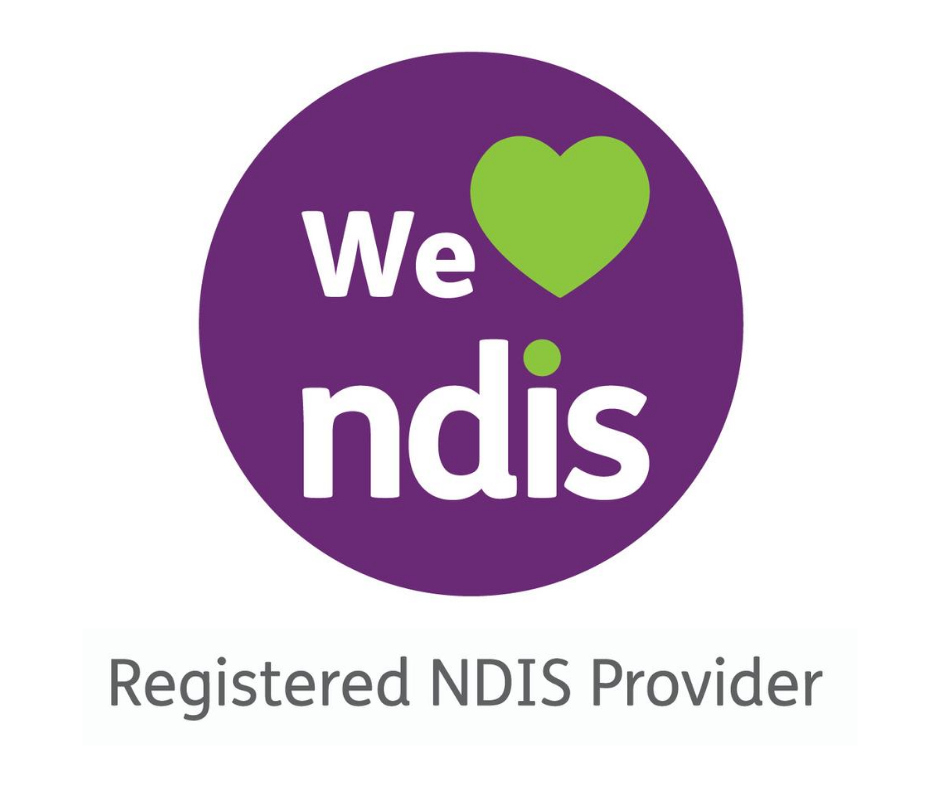 NDIS logo (purple circle with white writing and green love heart) ove NDIS and Registered NDIS Provider