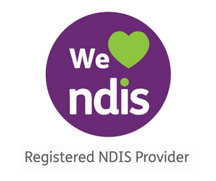  NDIS logo (purple circle with white writing and green love heart) ove NDIS and Registered NDIS Provider