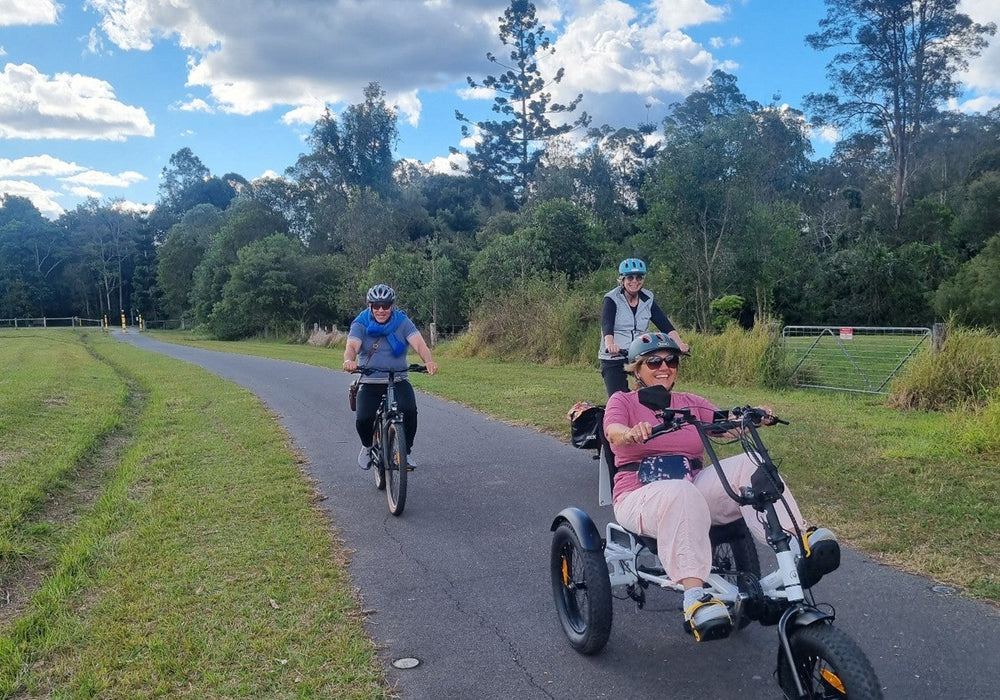 Friends riding the Trident electric trike and Tern e bike!