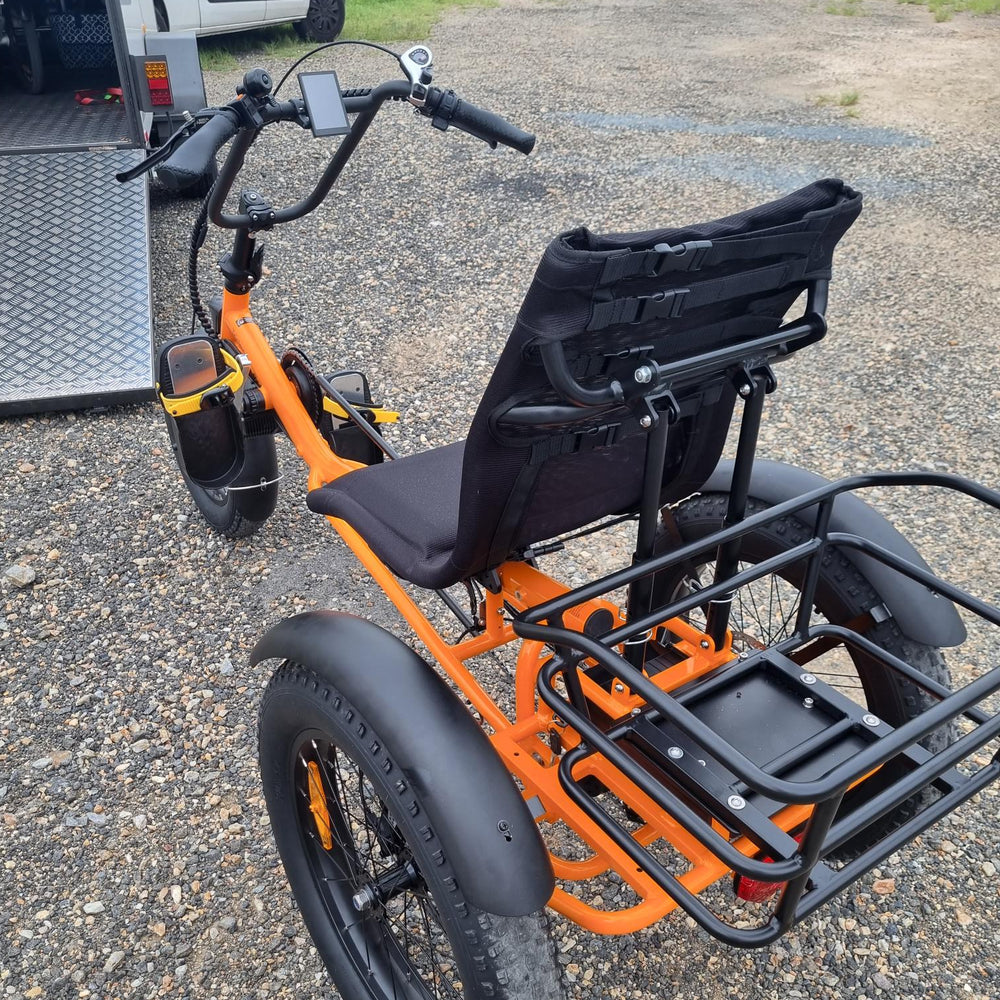 
                      
                        Back view of a orange Trident FT fat-tyre semi-recumbent electric tricycle
                      
                    