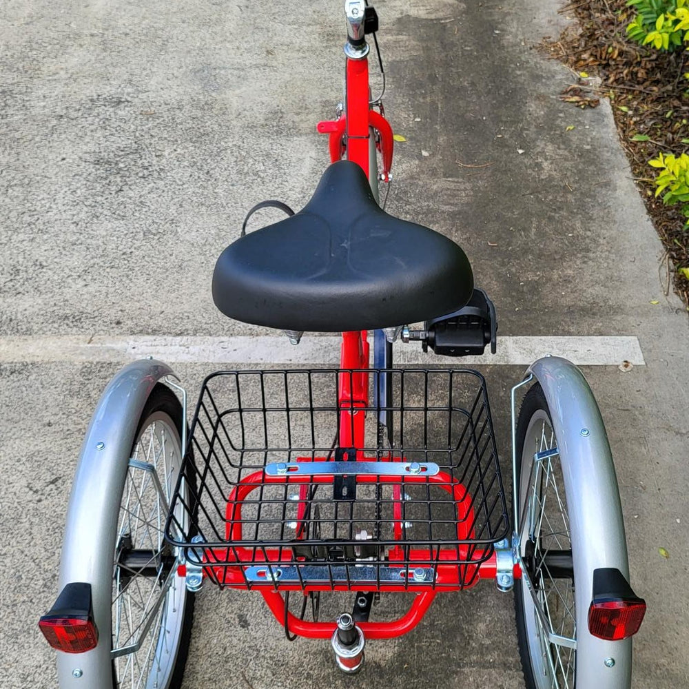 
                      
                        Back view of red Muskateer 16" standard mechanical tricycle
                      
                    