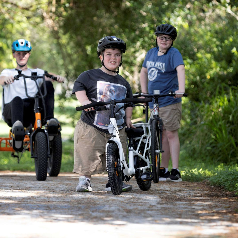 
                      
                        three males riding electric bikes and strikes
                      
                    