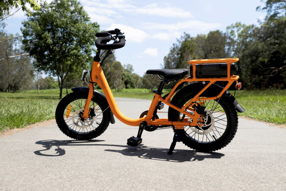 Orange lightning electric bike for short statured riders