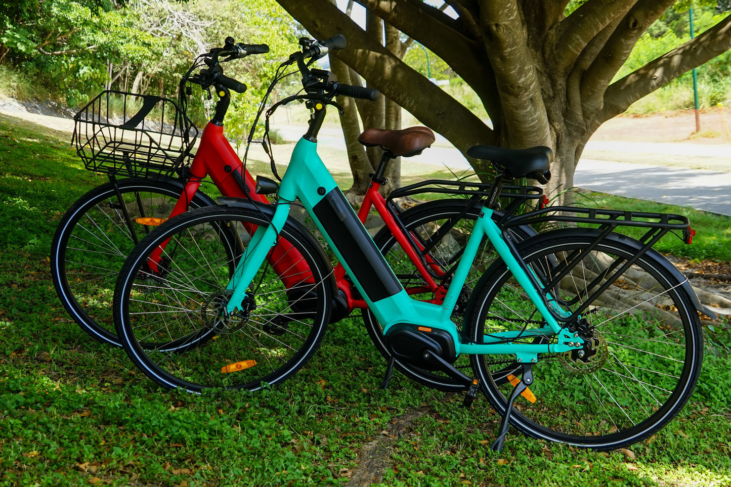 Blue and red e bike