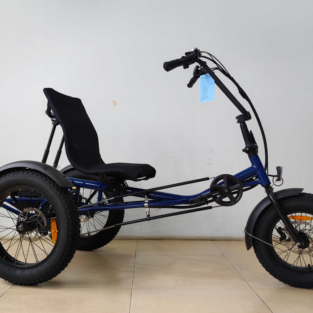 
                      
                        Side profile of navy coloured Trident semi-recumbent electric tricycle
                      
                    