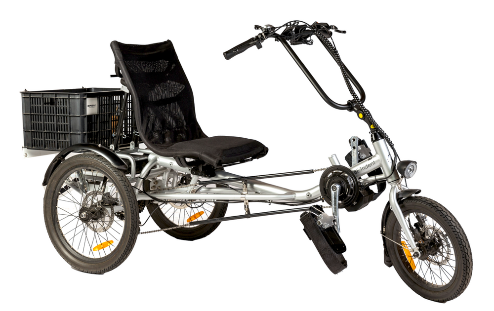 
                      
                        Front view of silver coloured Trident semi-recumbent electric tricycle
                      
                    