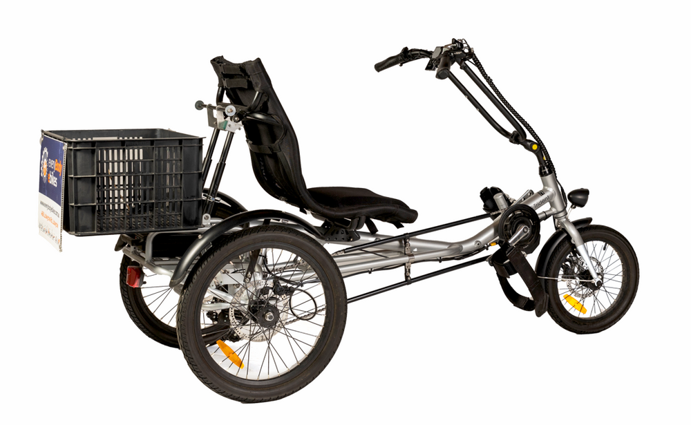 Silver coloured Trident semi-recumbent electric tricycle