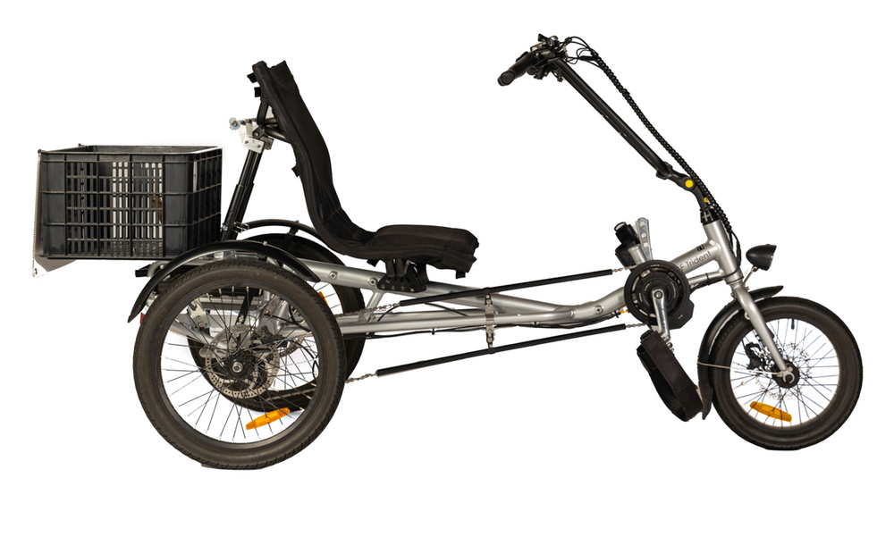 
                      
                        Side view of the silver coloured Trident semi-recumbent electric tricycle
                      
                    