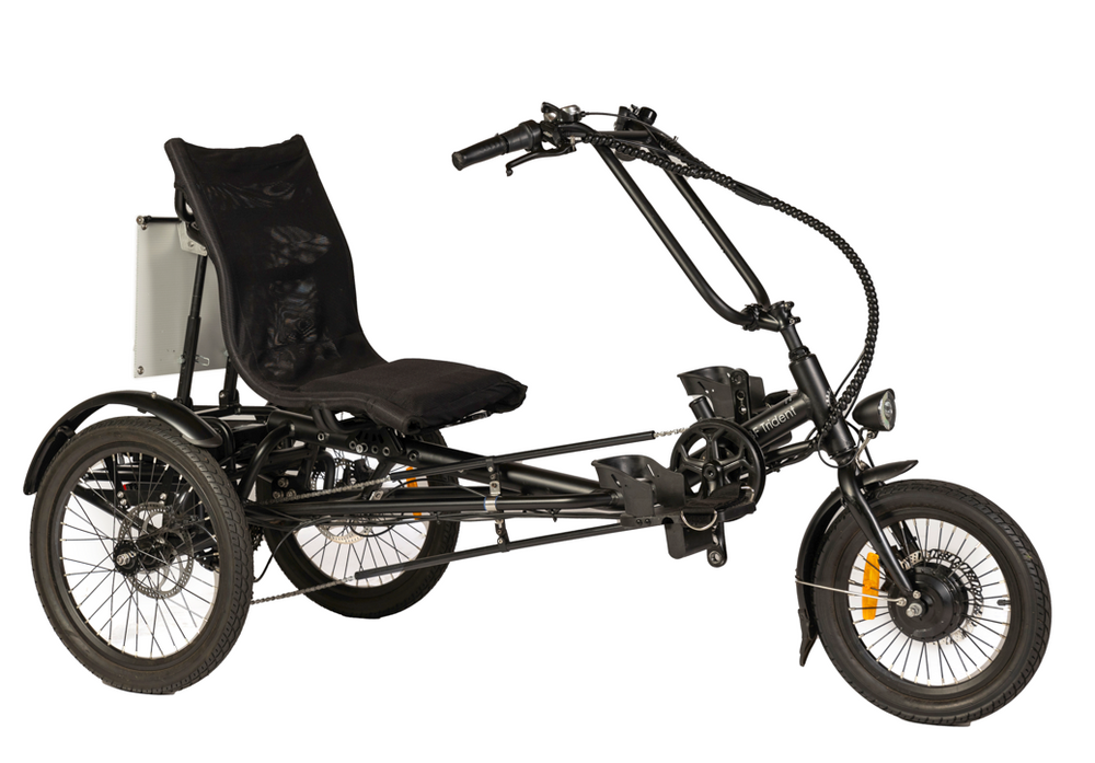 
                      
                        Front view of black coloured Trident semi-recumbent electric tricycle
                      
                    