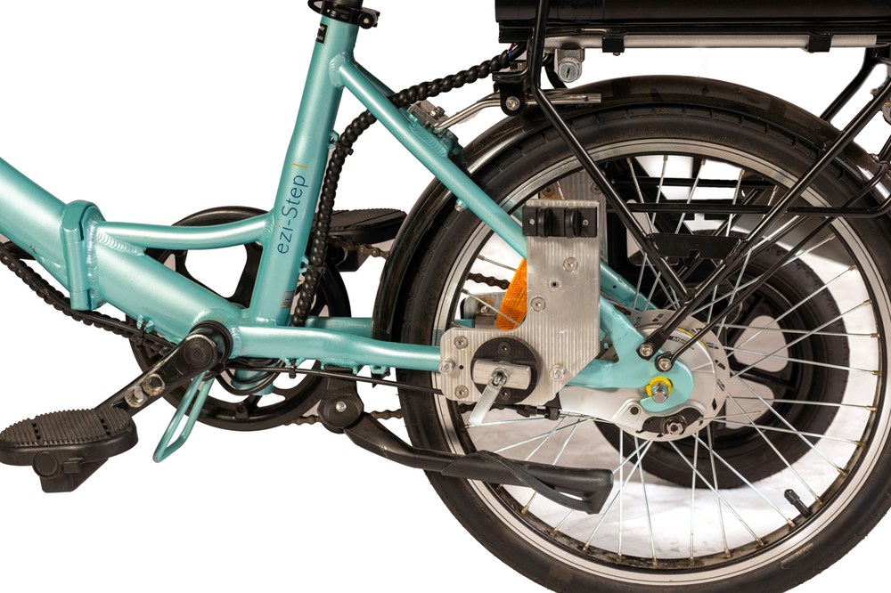 
                  
                    Wheel of aqua coloured Folding 20" Electric Bike
                  
                