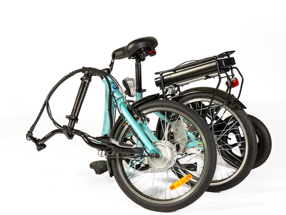 Aqua coloured Folding Electric Bike with adult stabilisers folded down to smaller size
