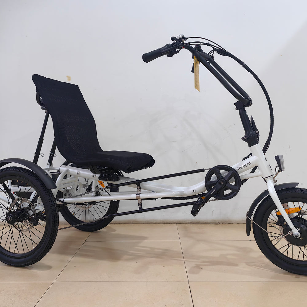 
                      
                        White coloured Trident FT fat-tyre semi-recumbent electric tricycle
                      
                    