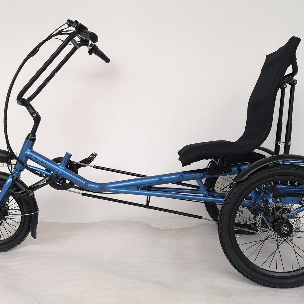 
                      
                        Side view of the blue coloured Trident semi-recumbent electric tricycle
                      
                    