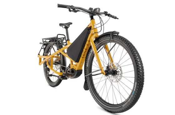 Front view of yellow Tern Orox S12 Electric Cargo ebike