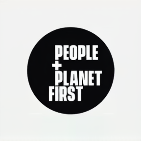 Circular logo with 'People + Planet First' text on a black background