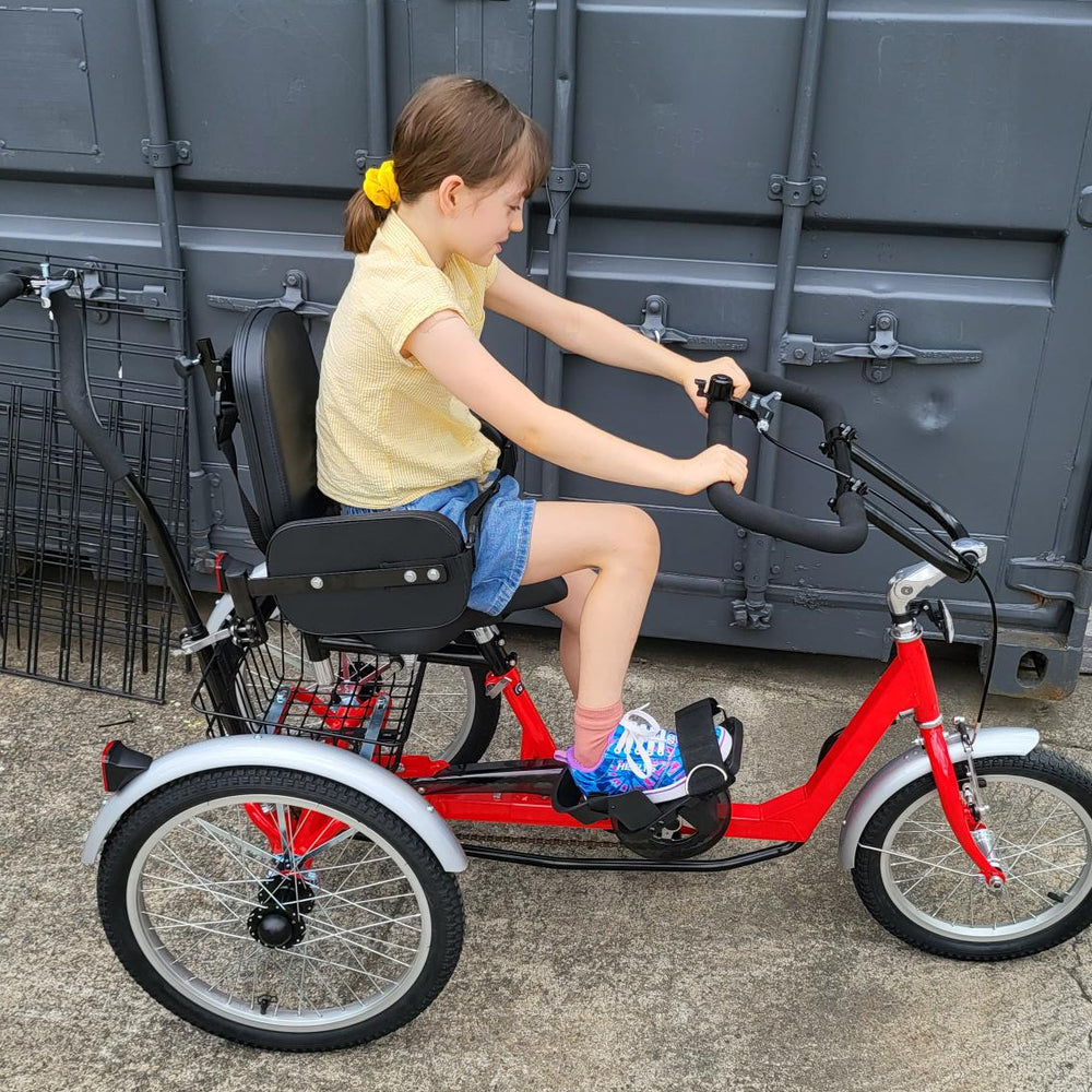 
                      
                        Young girl riding red Muskateer 16" rear steer mechanical tricycle
                      
                    