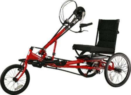 Red Rehatri hand cycle semi-recumbent electric tricycle