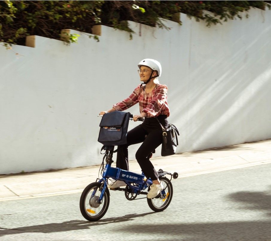 
                      
                        Women riding the BF i-Ezi Folding Electric Bike in the street
                      
                    