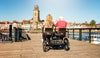 Back view of two elderly riding trike