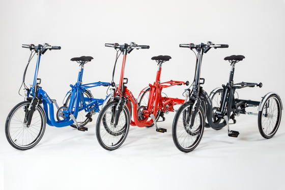 Lined up of blue, red and black Di Blasi Folding Tricycle