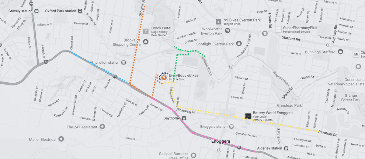 Map showing colour-coded routes to EveryBody eBikes at Unit 6, 51 Prospect Road, Gaythorne